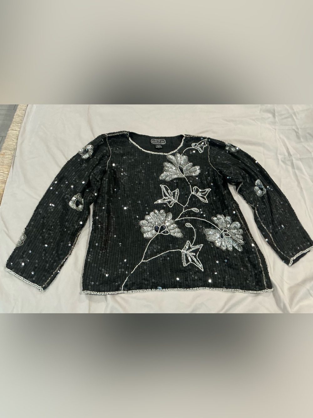 Vintage Joseph Le Bon silk beaded sequin blouse top black/silver large